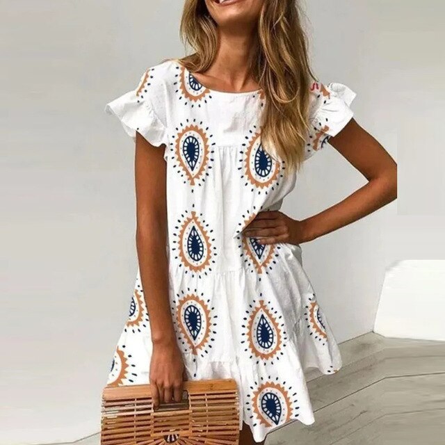 Elegant Dot Print Summer Dress Casual Women Ruffle Short Sleeve Party Dress Vintage Sexy V Neck A-Line Beach Dress Vestidos 3XL
