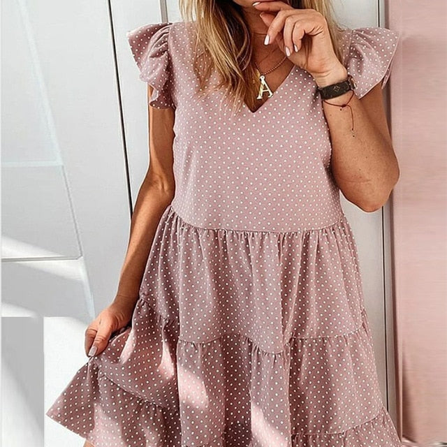 Elegant Dot Print Summer Dress Casual Women Ruffle Short Sleeve Party Dress Vintage Sexy V Neck A-Line Beach Dress Vestidos 3XL