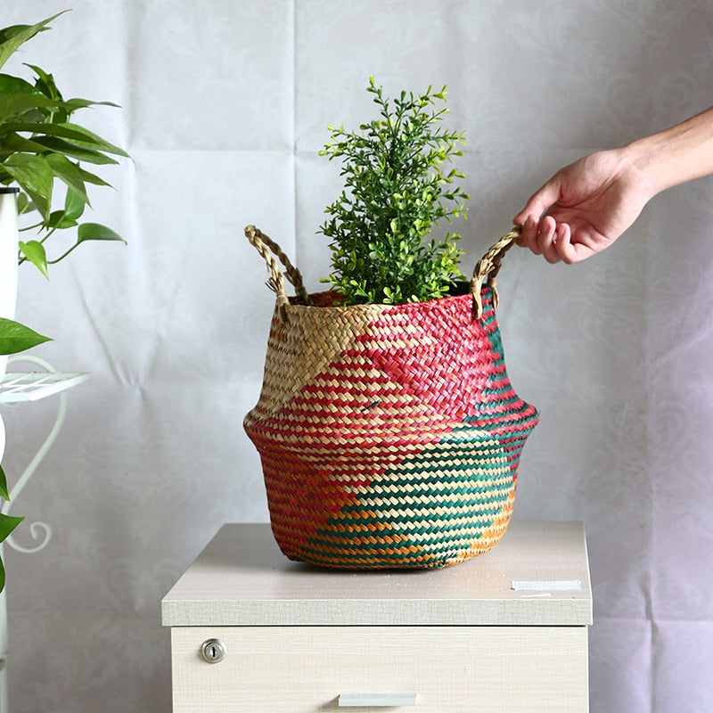 WHISM Folding Seagrass Flower Pots Planter Basket Rattan Plants Pots Laundry Flower Basket Storage Home Room Office Garden Pots