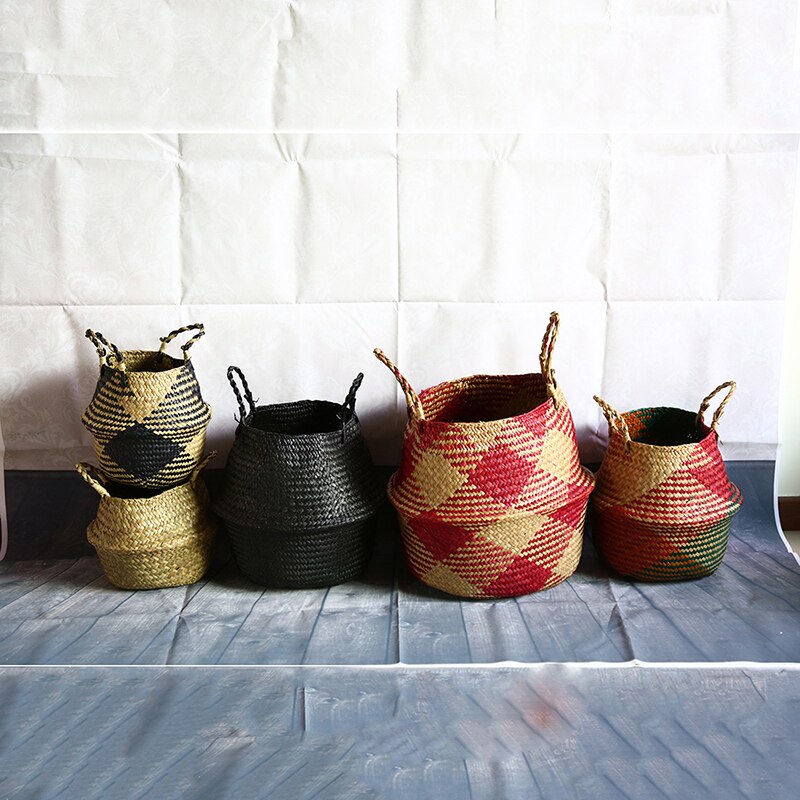 WHISM Folding Seagrass Flower Pots Planter Basket Rattan Plants Pots Laundry Flower Basket Storage Home Room Office Garden Pots