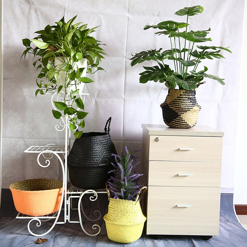 WHISM Folding Seagrass Flower Pots Planter Basket Rattan Plants Pots Laundry Flower Basket Storage Home Room Office Garden Pots