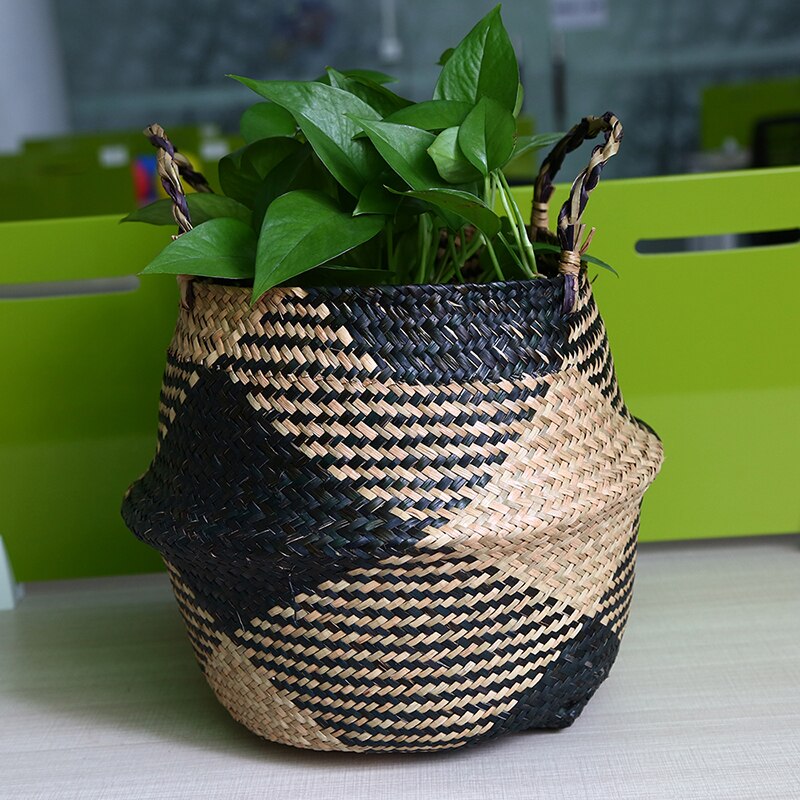 WHISM Folding Seagrass Flower Pots Planter Basket Rattan Plants Pots Laundry Flower Basket Storage Home Room Office Garden Pots