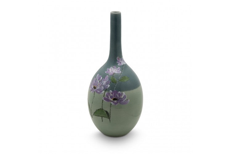 Gray and Mint Green Floral Painted Tube Mouth Marble Vase