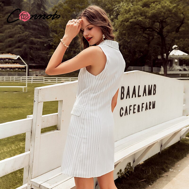Conmoto Stripe Sleeveless Office Short Dress Women 2019 Autumn Winter Bodycon Pocket Blazer Dress Button Business White Dress