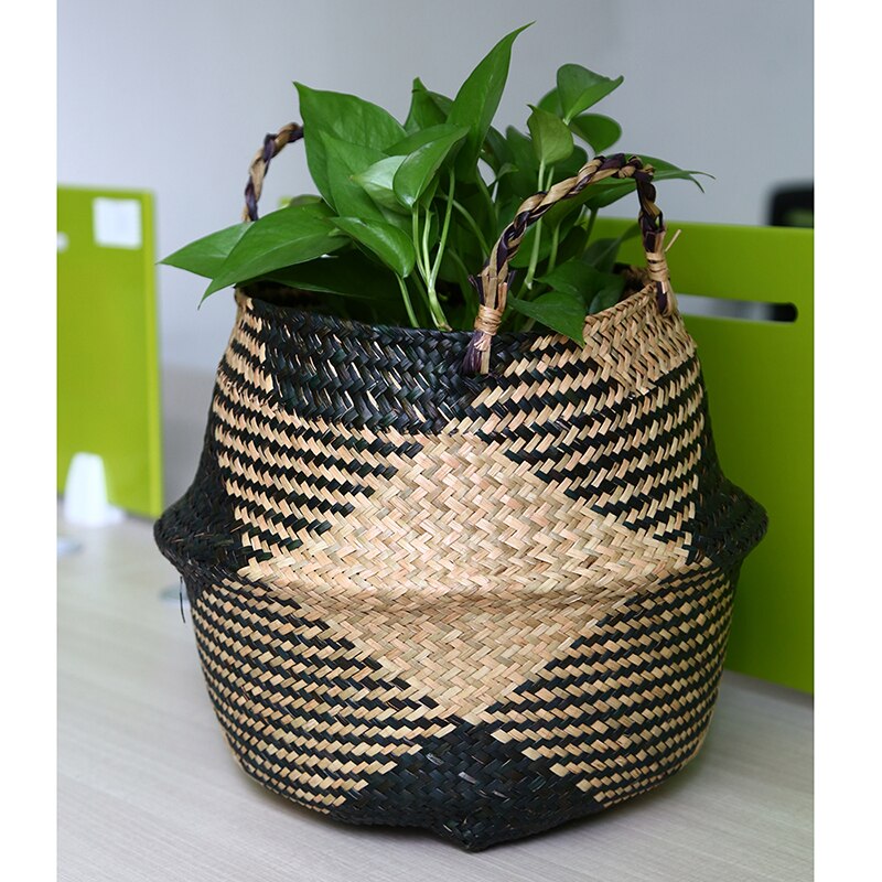 WHISM Folding Seagrass Flower Pots Planter Basket Rattan Plants Pots Laundry Flower Basket Storage Home Room Office Garden Pots