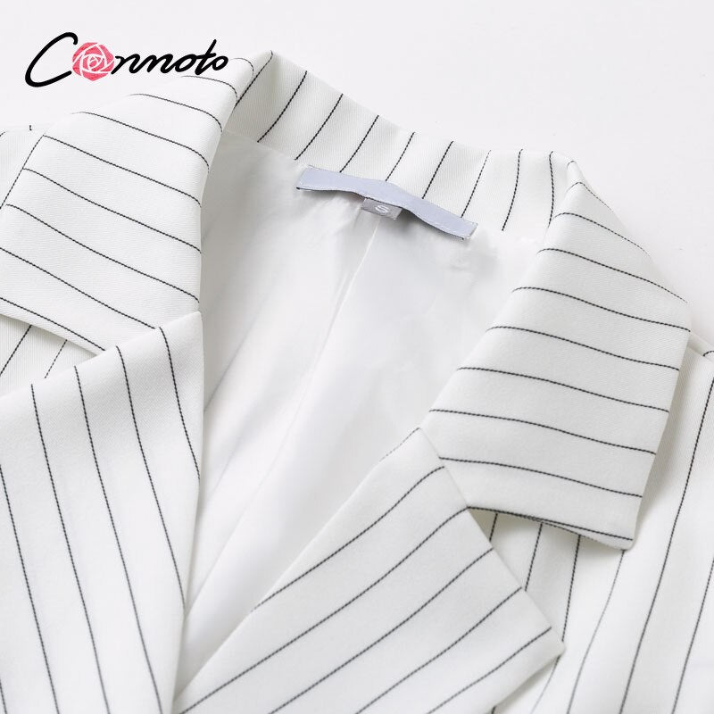 Conmoto Stripe Sleeveless Office Short Dress Women 2019 Autumn Winter Bodycon Pocket Blazer Dress Button Business White Dress