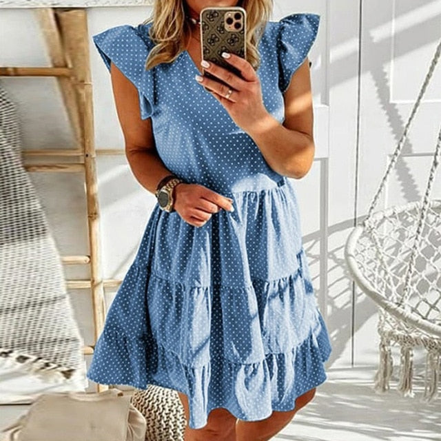 Elegant Dot Print Summer Dress Casual Women Ruffle Short Sleeve Party Dress Vintage Sexy V Neck A-Line Beach Dress Vestidos 3XL