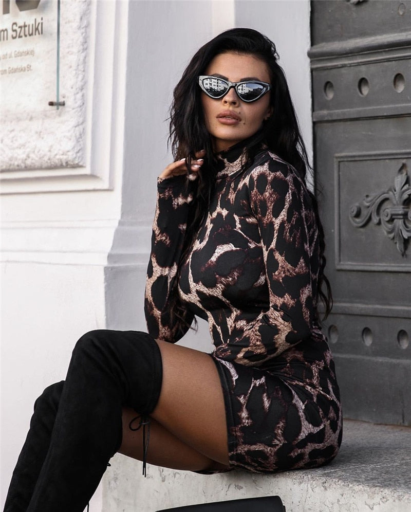 Sexy Women Turtleneck Long Sleeve Leopard Print Dress 2019 Snake Skin Evening Party Clubwear Dress Bodycon Fashion Women Dress