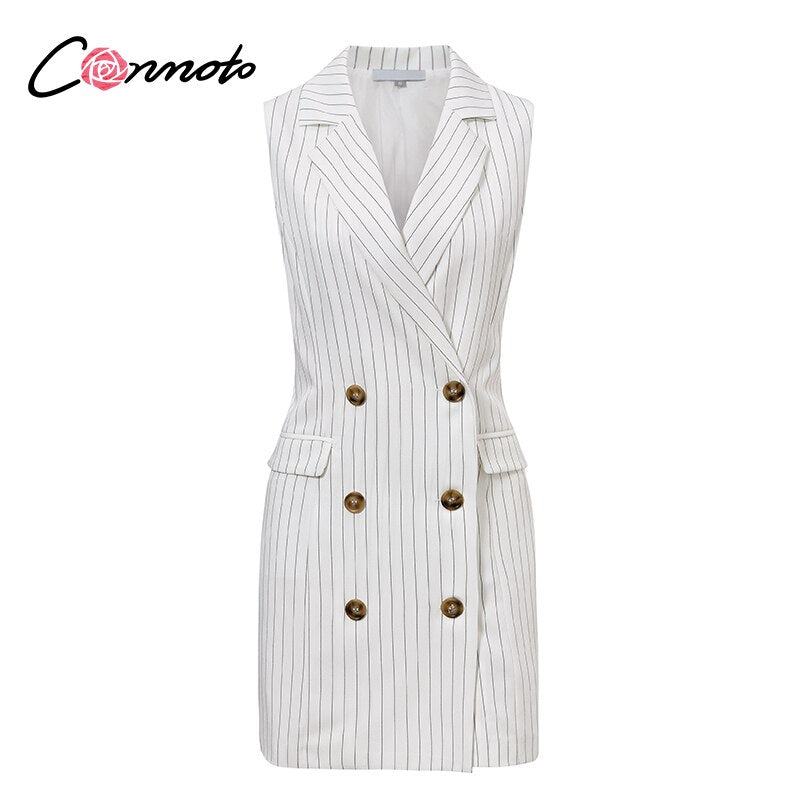 Conmoto Stripe Sleeveless Office Short Dress Women 2019 Autumn Winter Bodycon Pocket Blazer Dress Button Business White Dress