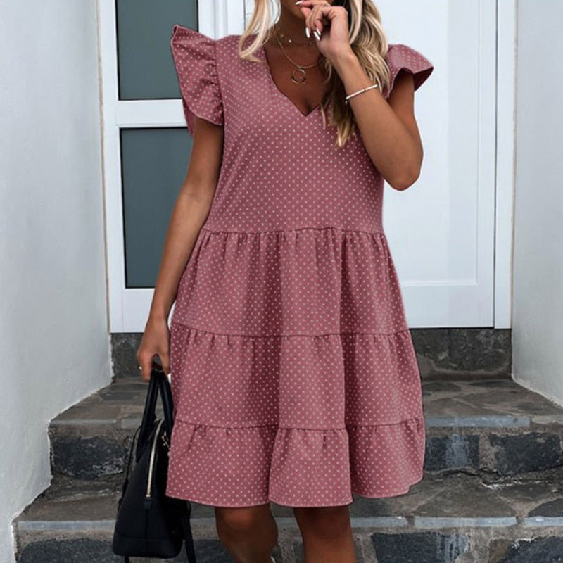 Elegant Dot Print Summer Dress Casual Women Ruffle Short Sleeve Party Dress Vintage Sexy V Neck A-Line Beach Dress Vestidos 3XL