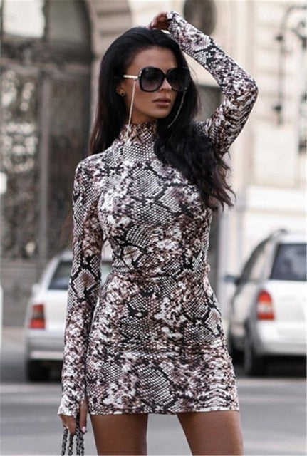 Sexy Women Turtleneck Long Sleeve Leopard Print Dress 2019 Snake Skin Evening Party Clubwear Dress Bodycon Fashion Women Dress