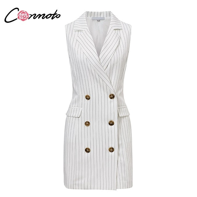 Conmoto Stripe Sleeveless Office Short Dress Women 2019 Autumn Winter Bodycon Pocket Blazer Dress Button Business White Dress